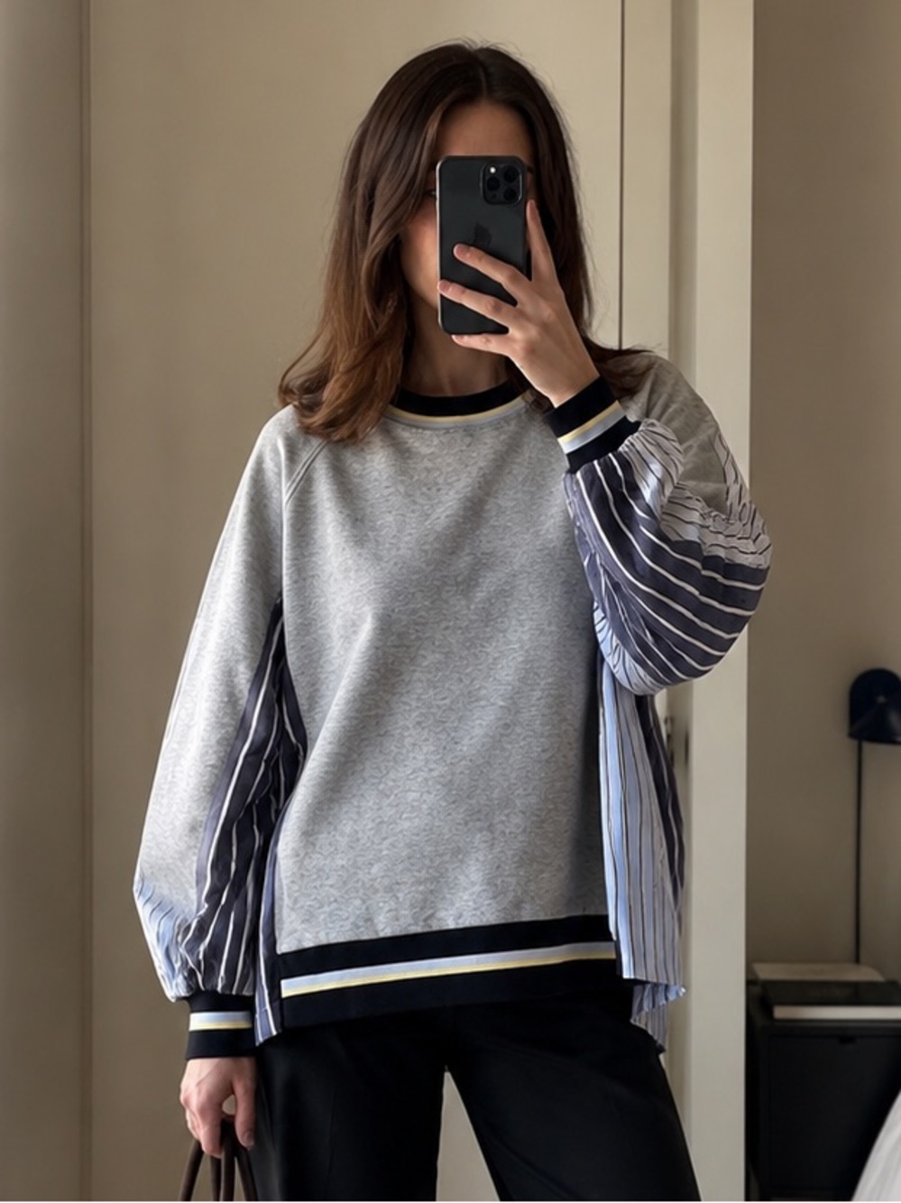 BCBGMAXAZRIA Mixed Media Sweatshirt Stripe Shirt Combo Women XS